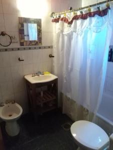 a bathroom with a toilet and a sink at Hostel Casona Alameda in El Bolsón