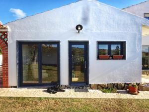 una casa con tre finestre e un gatto seduto davanti di Villa Peponi a Ericeira