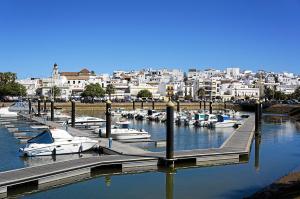 a group of boats docked in a harbor with a city at CASA VIRIATO in Ayamonte