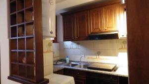 a kitchen with wooden cabinets and a sink at La Casetta Di Vassena in Oliveto Lario