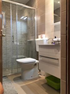 a bathroom with a toilet and a glass shower at Apartments Valentino in Rab