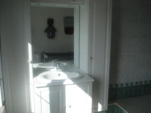 La salle de bains est pourvue d'un lavabo blanc et d'un miroir. dans l'établissement B&B Mussenzele, à Haaltert