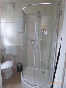ein Bad mit einer Dusche und einem WC in der Unterkunft Feriendorf Boeker Mühle in Boek