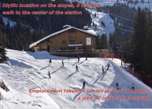 福勒恩的住宿－Hôtel LAPIAZ & Spa - FLAINE，一群人沿着雪覆盖的斜坡滑雪