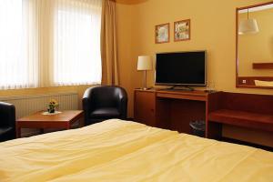 a hotel room with a bed and a desk and a television at Waldschlößchen in Klieken