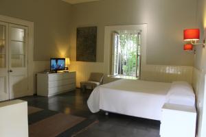 a bedroom with a bed and a television and a window at Hotel Plaza Malloa in Malloa