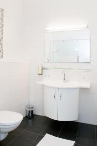 Baño blanco con lavabo y aseo en Frauentalerhof, en Frauental an der Lassnitz 