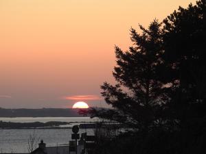 um pôr-do-sol sobre a água com uma árvore em primeiro plano em Inisean Ocean View em Dungloe