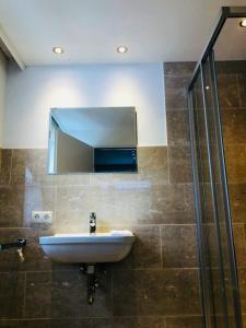 ein Bad mit einem Waschbecken und einem Spiegel in der Unterkunft Family Apartment Alpine Living 2-4 Persons in Radstadt