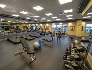 a gym with a lot of treadms and pilates equipment at Chautauqua Harbor Hotel - Jamestown in Celoron