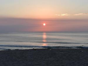 a sunset on the beach with the sun setting over the ocean at Beach Side Inn Shirahama in Shimoda