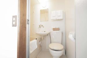 a white bathroom with a toilet and a sink at Beach Side Inn Shirahama in Shimoda
