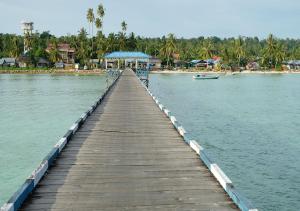 drewniana przystań z łodzią na wodzie w obiekcie Maratua Guesthouse w mieście Maratua Atoll