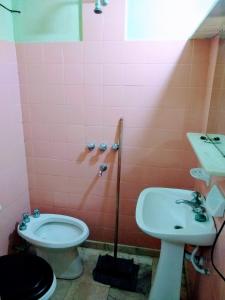 a pink bathroom with a toilet and a sink at Hostel Megaró in Santa Teresita