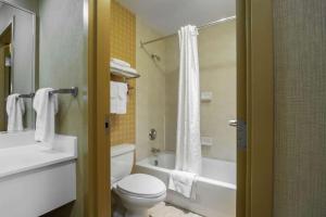 a bathroom with a toilet, shower, and sink at Econo Lodge Inn & Suites University in Calgary