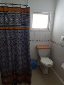 a bathroom with a toilet and a window and a shower curtain at Cabañas Patricia Licanray in Licán Ray