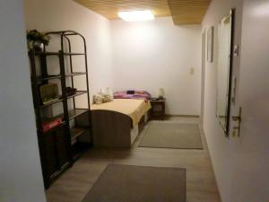 a bedroom with a bed and a book shelf at Ferienwohnung Bozsik in Schweinfurt