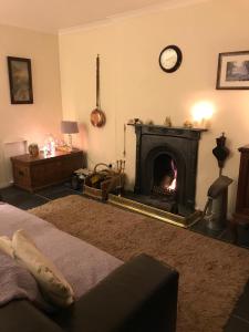 a living room with a fireplace and a bed at Valley View Cottage in Morebattle
