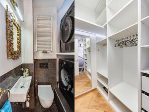 La salle de bains est pourvue de murs blancs, d'un lavabo et de toilettes. dans l'établissement Central and Luxurious Beethovnova Apartment, à Ljubljana 31 autres photos