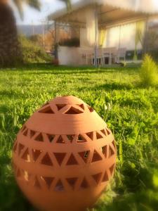 una palla arancione seduta nell'erba in un giardino di Port Rooms a Limenas