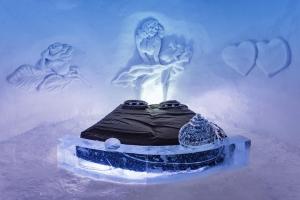 Una torta con sopra il dipinto di una donna. di Snowhotel Kirkenes a Kirkenes