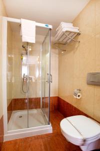 
a bathroom with a shower, toilet, and sink at Hotel Duke Romana in Bucharest
