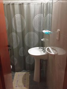 y baño con cortina de ducha y lavamanos. en Casa Nuova Depto DOS y TRES en Villa María