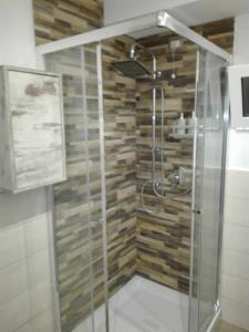 y baño con ducha y pared de piedra. en Welcome Migliarina, en La Spezia