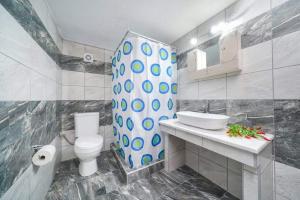 a bathroom with a toilet and a sink and a shower at Sevastiani’s Apartments in Skala Kallirachis