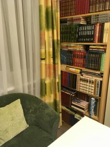 a couch in front of a book shelf with books at Apartment on Spasskaya 61 in Kirov