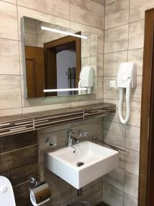 a bathroom with a sink and a mirror at Pension Savisalo in Ramsau am Dachstein