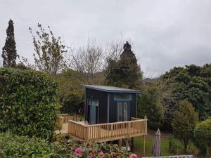 a tiny house with a deck in a garden at starry nights tree house in Waikino