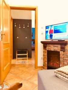 a living room with a television and a fireplace at Golden GaPa Central Family Apartment 27 in Garmisch-Partenkirchen
