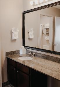 a bathroom with a sink and a mirror at Eastland Suites Hotel & Conference Center in Bloomington