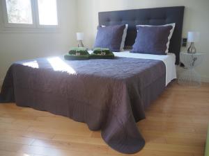 um quarto com uma cama grande e almofadas azuis em APPART AIX MAZARIN em Aix-en-Provence