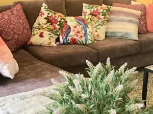 a brown couch with colorful pillows and a plant at Crimson Villa in Katoomba