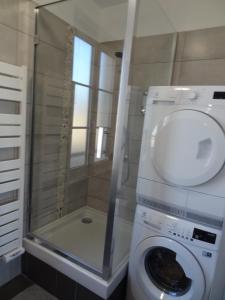 ein Badezimmer mit Waschmaschine und Dusche in der Unterkunft L'ESTUAIRE in Le Havre + 27 Fotos
