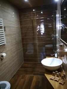a bathroom with a sink and a glass shower at Domek u Kubusia in Białka Tatrzańska +15 photos