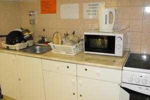 a kitchen counter with a sink and a microwave at Season Hostel 2 in Budapest