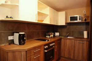 a kitchen with wooden cabinets and a microwave at Wellness-Keller in Bautzen
