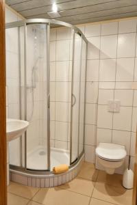 a bathroom with a shower and a toilet and a sink at Haus Strandeck in Zingst