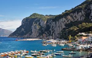 a bunch of boats in a harbor with a mountain at Relais Maresca Luxury Small Hotel & Terrace Restaurant in Capri