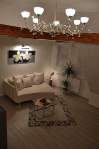 a living room with a couch and a chandelier at Ferienwohnung am Bannwald 1 in Freiburg im Breisgau