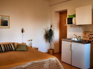 a bedroom with a bed and a kitchen with a microwave at Centrum Apartmanház Pécs in Pécs