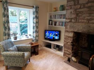 a living room with a fireplace and a television at No 10 Dulas in Hay-on-Wye