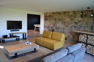 a living room with a couch and a tv at Vue d'en Haut in Durbuy