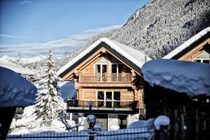 a log cabin with snow on the roof at Summit Lodges in Pfunds