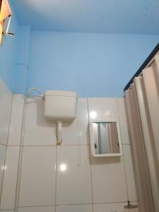 La salle de bains est pourvue de toilettes et d'un miroir. dans l'établissement Hummingbird Hostel, à Ciudad del Este