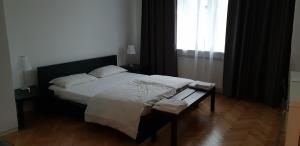 a bedroom with a large bed with a window at Six Senses Bratislava - Luxury and Central in Bratislava