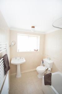 baño con aseo y lavabo y ventana en Stable Cottage en Bardon Mill